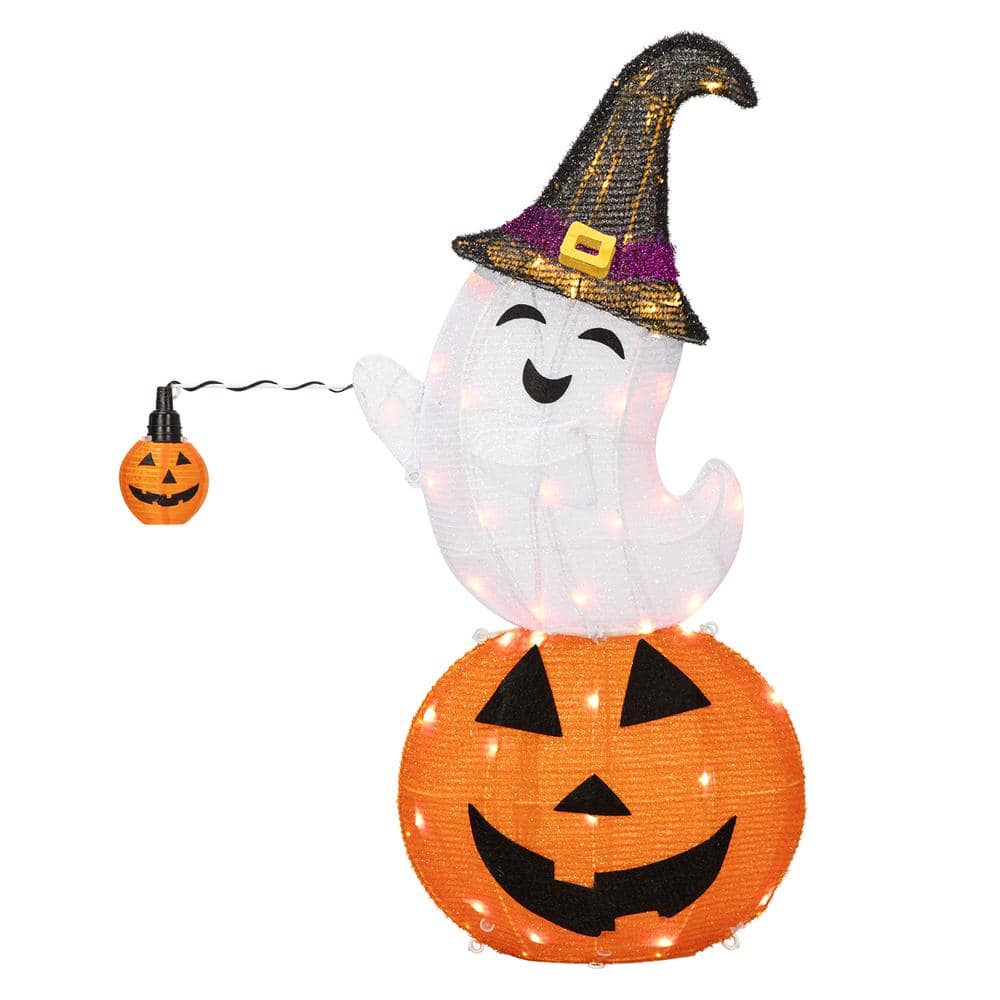 2.5 ft. Height LED Lighted Halloween Collapsible Metal Ghost on Pumpkin with Projection Effect - Hercitys