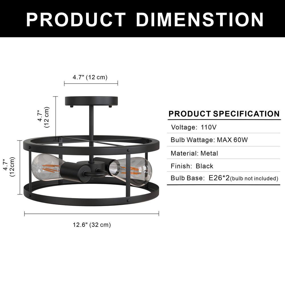 13 in. 2-Light Matte Black Drum Flush Mount - Hercitys