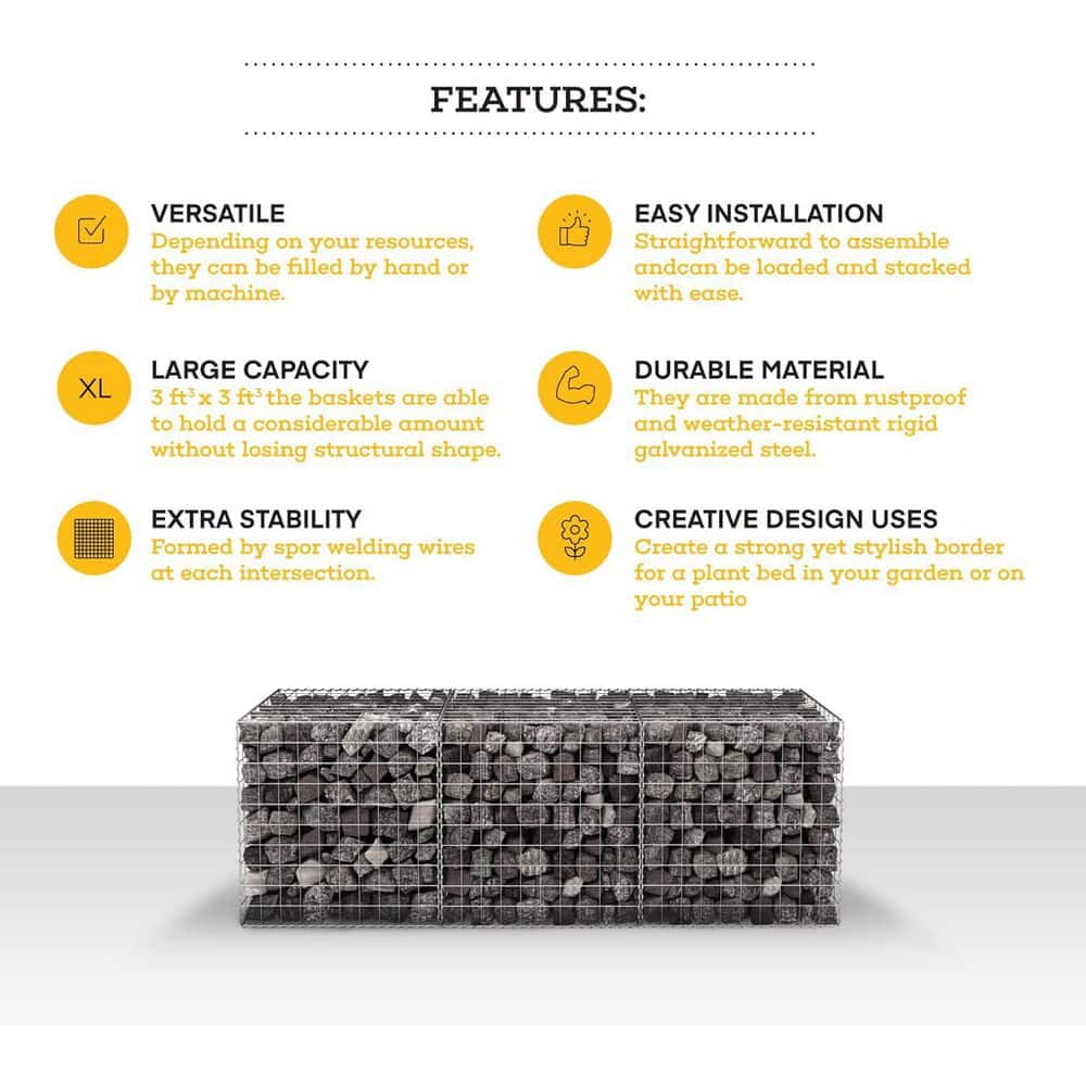 36 in. L x 36 in. W x 36 in. H Gabion Stone Basket Galvanized Steel Garden Fence - Hercitys