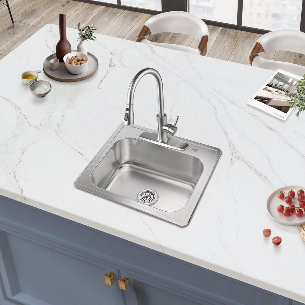 25 in. Drop-In Single Bowl 20-Gauge Stainless Steel Kitchen Sink - Hercitys