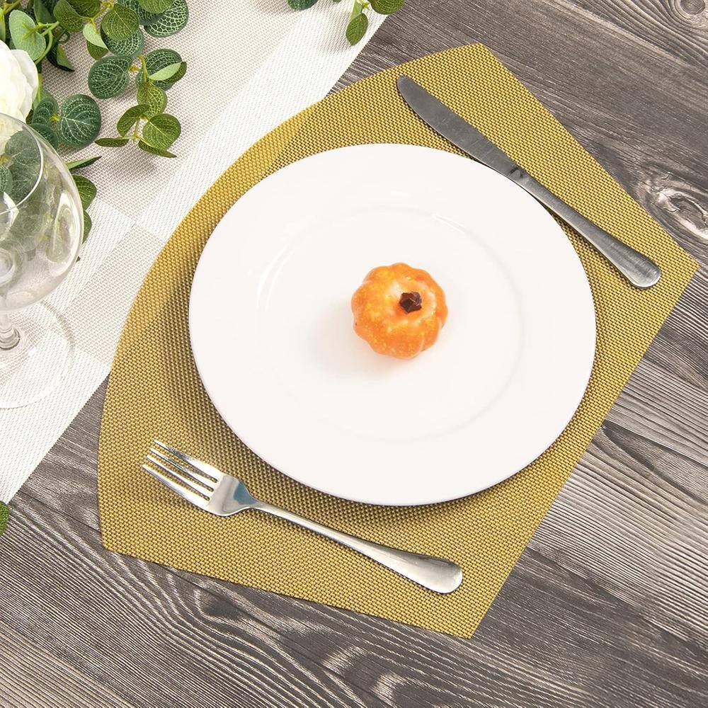 17.7 in. x 11.80 in. Gold Polyester Wedge Placemat Non-Slip Heat Resistant Woven Vinyl Table Mats (Set of 4) - Hercitys