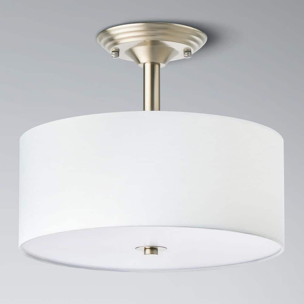 13 in. 2-Light Brushed Nickel Semi-Flush Mount Light with Fabric Drum Shade - Hercitys