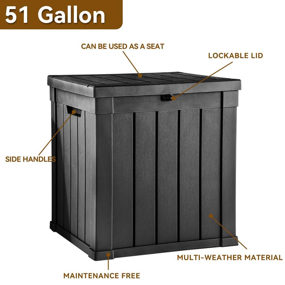 51 Gal. Water Resistant Resin Lockable Deck Box, Black - Hercitys