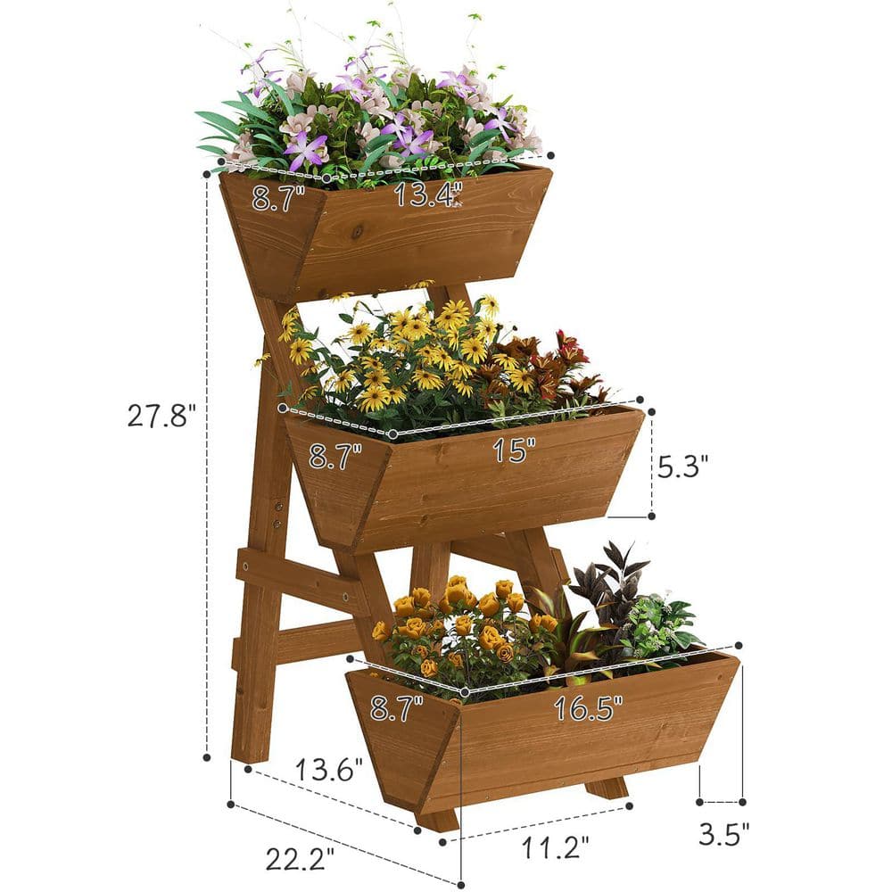 3-Tiers Wooden Raised Garden Bed, Wood Planter Box for Indoor and Outdoor, Brown - Hercitys