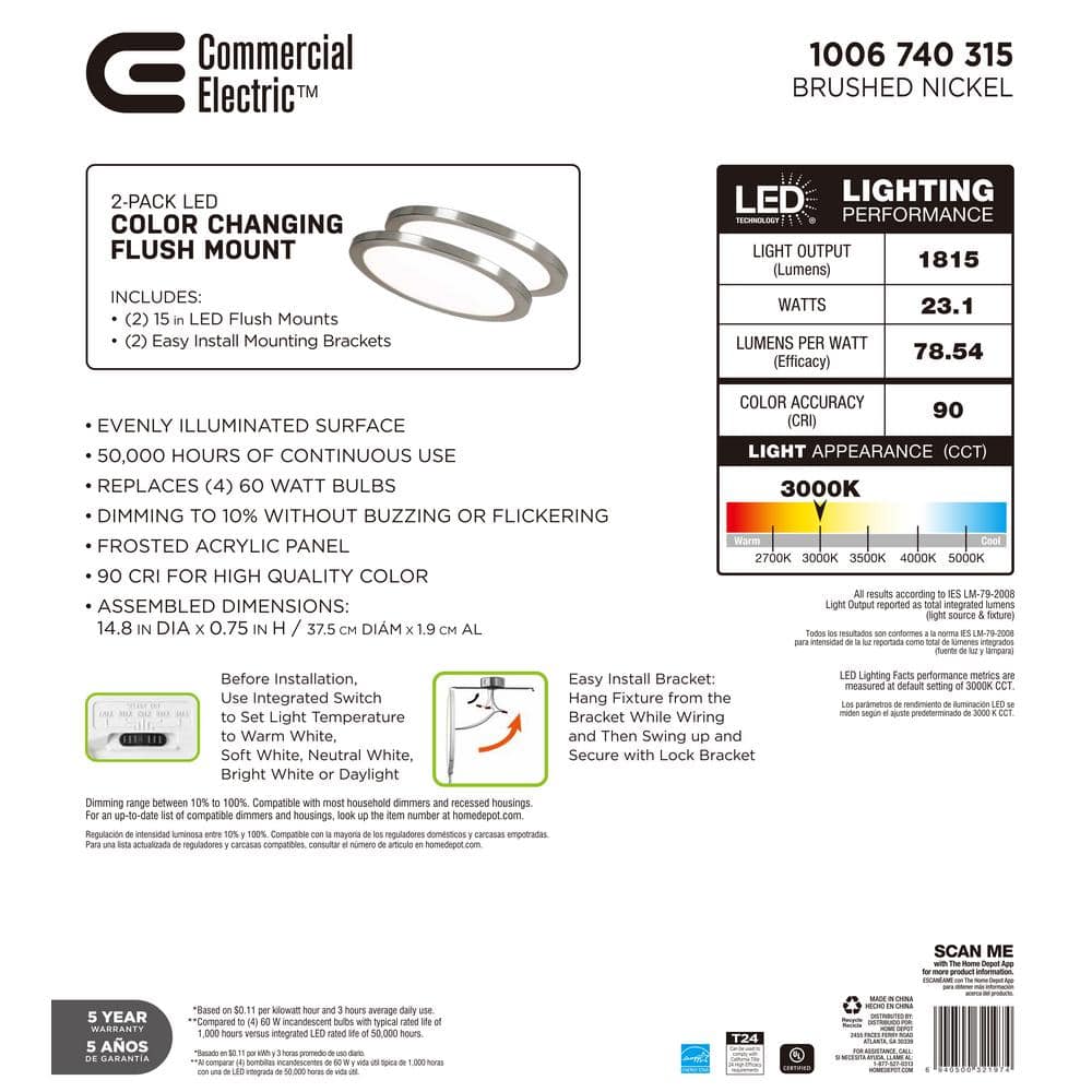 15 in. Brushed Nickel New Ultra-Low Profile Integrated LED Flush Mount 5CCT (2-Pack) - Hercitys