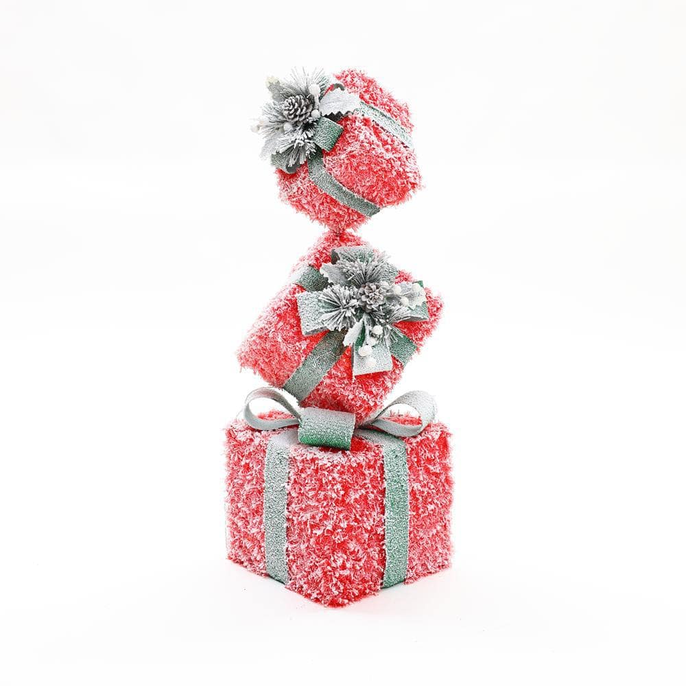 31.89 in. H Red Frosted Gift Boxes with Battery Operated Christmas Lights - Hercitys