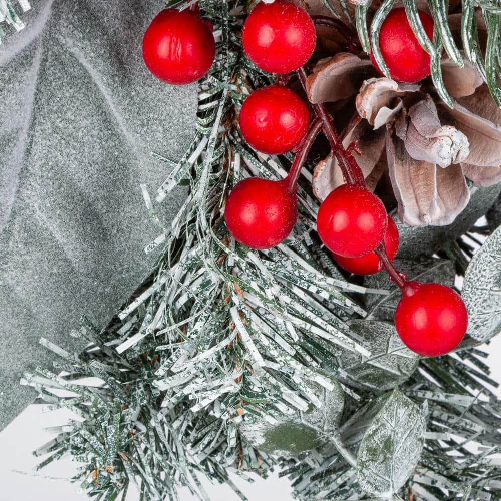 24 in. Snowy Pine Artificial Christmas Wreath with Red Berries Cone and Red Bow - Hercitys