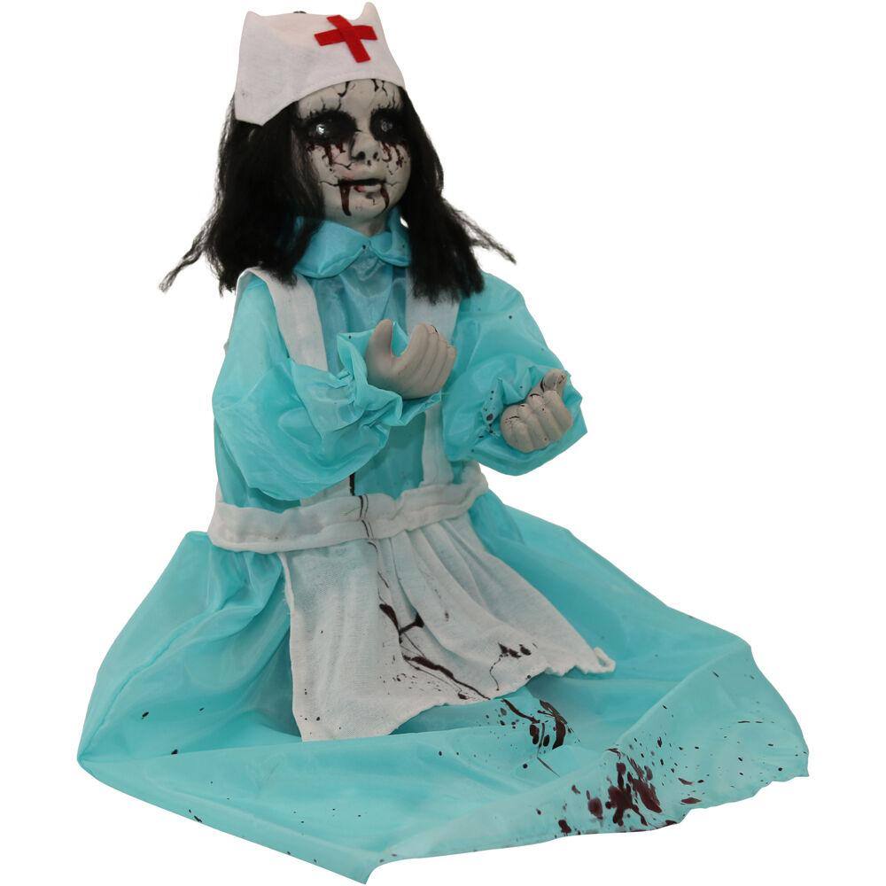 21.5 in. Battery Operated Poseable Animatronic Nurse with Red LED Eyes Halloween Prop - Hercitys