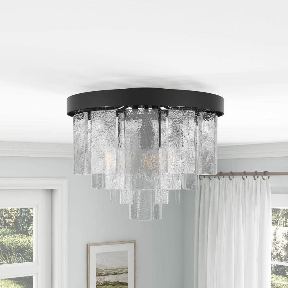 13 in. 3-Light Black Modern Flush Mount Close to Ceiling Light Fixture with Glass Shade - Hercitys