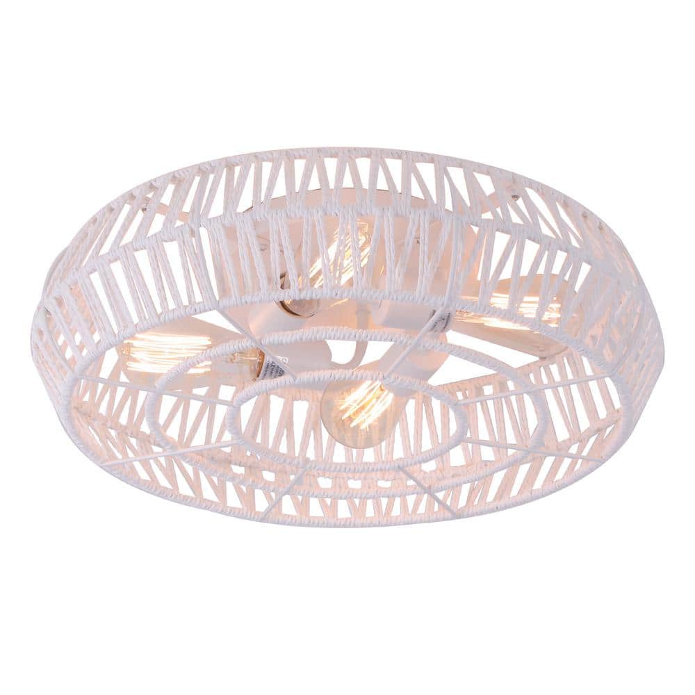 19.3 in. 4-Light White Caged Flush Mount with Rattan Shade and No Bulbs Included - Hercitys