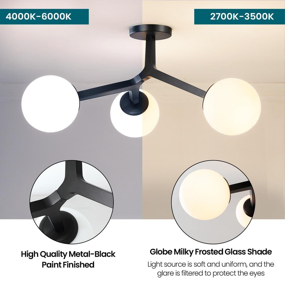 31.5 in. 3-Light Matte Black Modern Semi-Flush Mount With Milky Frosted Glass Shade Mid Century Sputnik Light Fixture - Hercitys