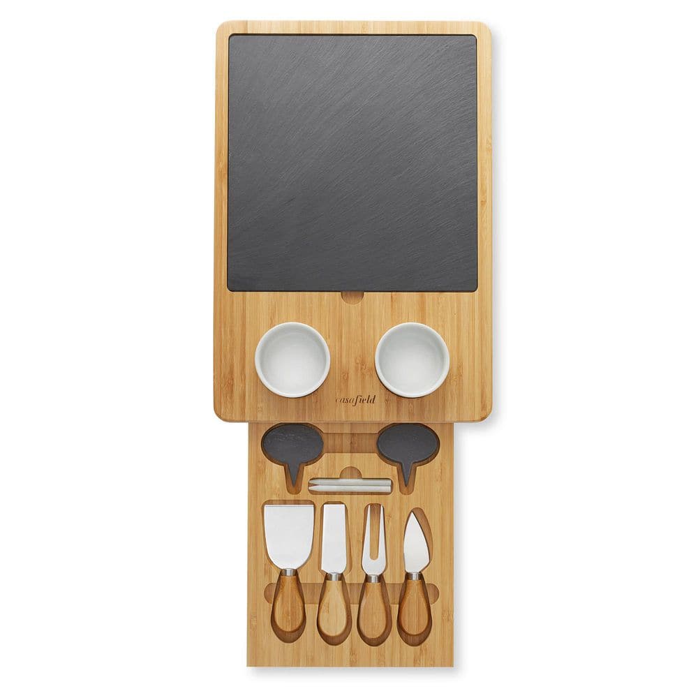 15.25 in. Traditional Natural Brown Bamboo Cheese Board Charcuterie Gift Set with Cheese Knives and Dip Bowls - Hercitys