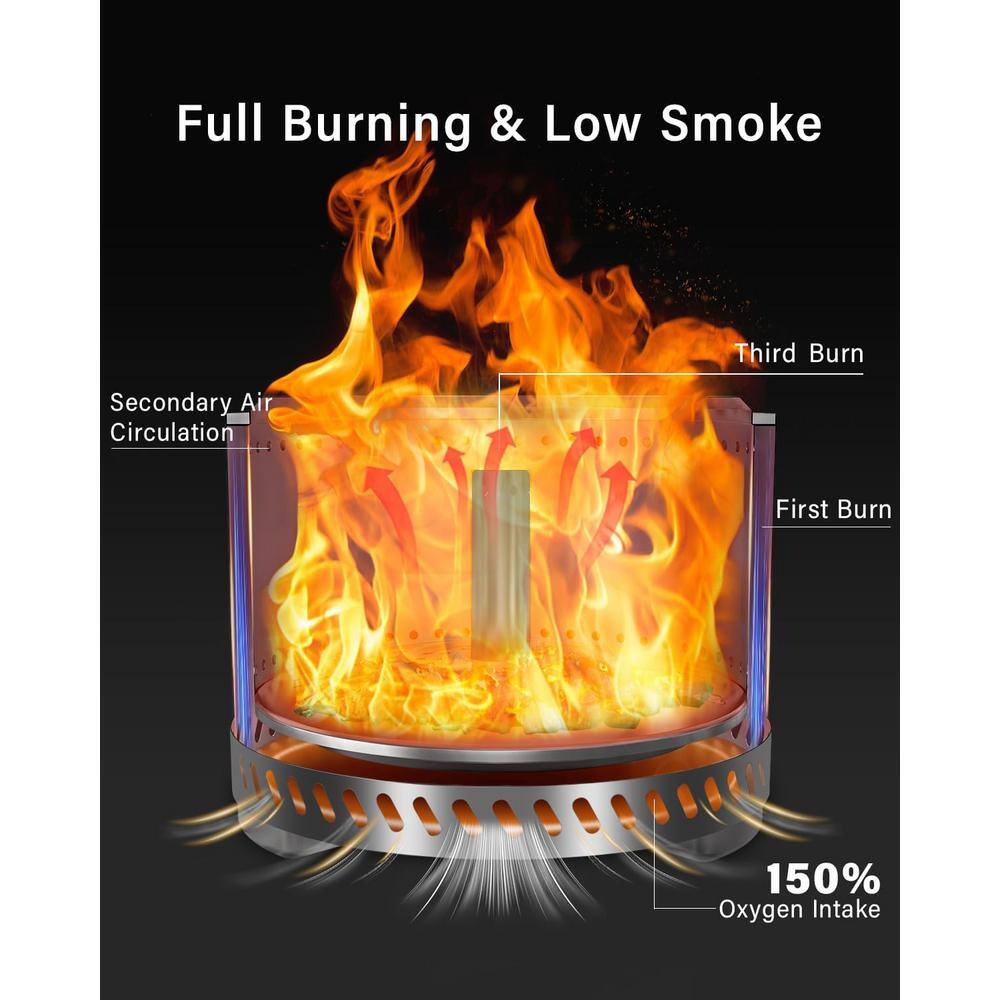 19 in. Black Stainless Steel Smokeless Wood Burning Patio Fire Pit with Removable Ash Pan and Stand and Travel Bag - Hercitys