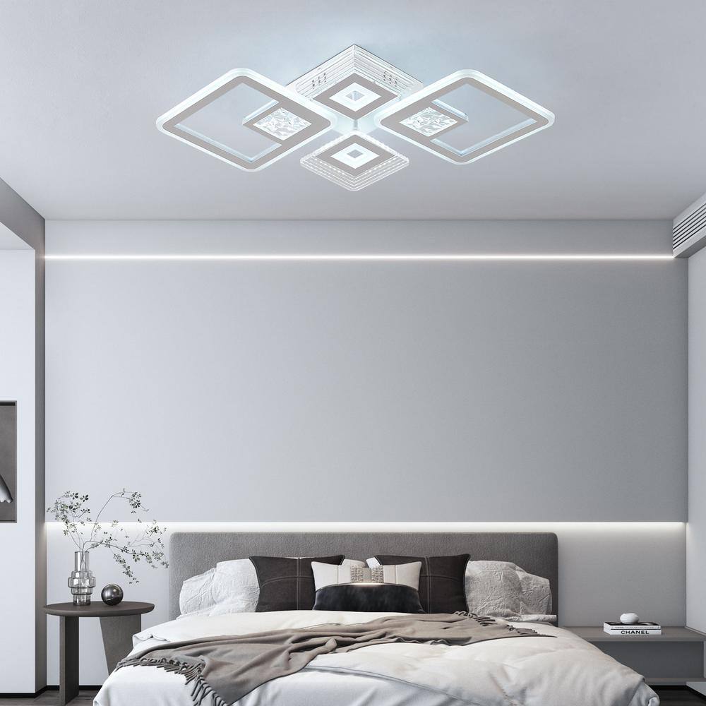 28.34 in. 1-Light White Modern Geometric Design Dimmable Selectable LED Semi-Flush Mount Ceiling Light with Remote - Hercitys