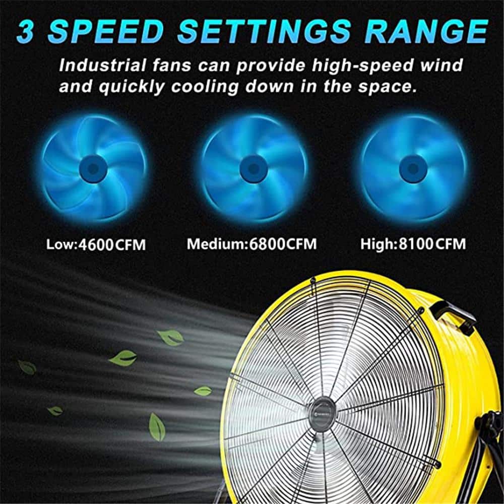 24 in. Drum Fan, 8100 CFM Air Circulation High Velocity Industrial Fan with 360° Adjustable Tilt in Yellow - Hercitys