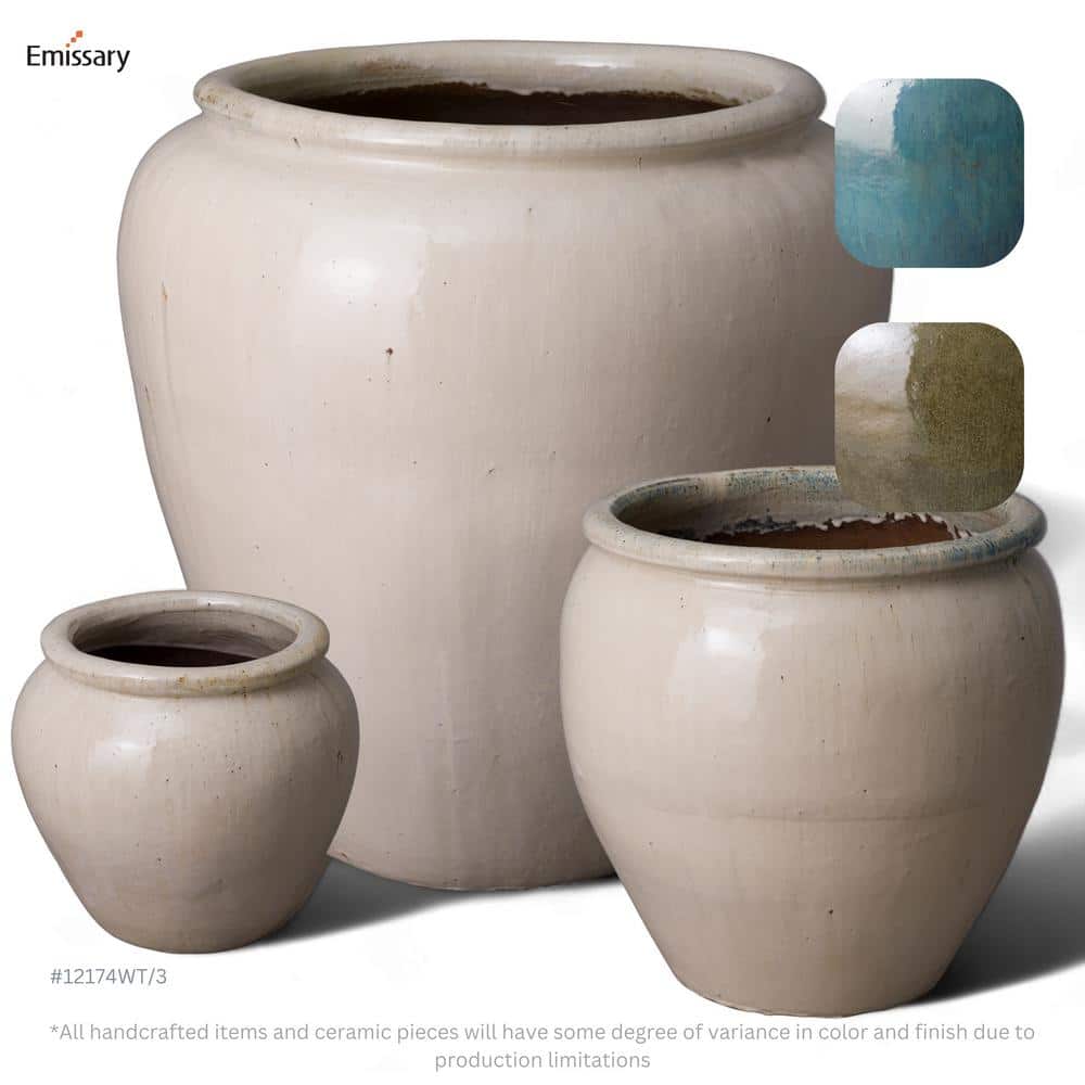 13 in. L x 12.5 in. H Distressed White Ceramic Round Planter with Drainage Hole - Hercitys