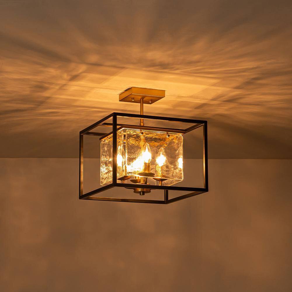 13.98 in. 4-Light Matte Black Industrial Semi-Flush Mount Ceiling Light Fixture With Hazy Textured Glass Shade - Hercitys