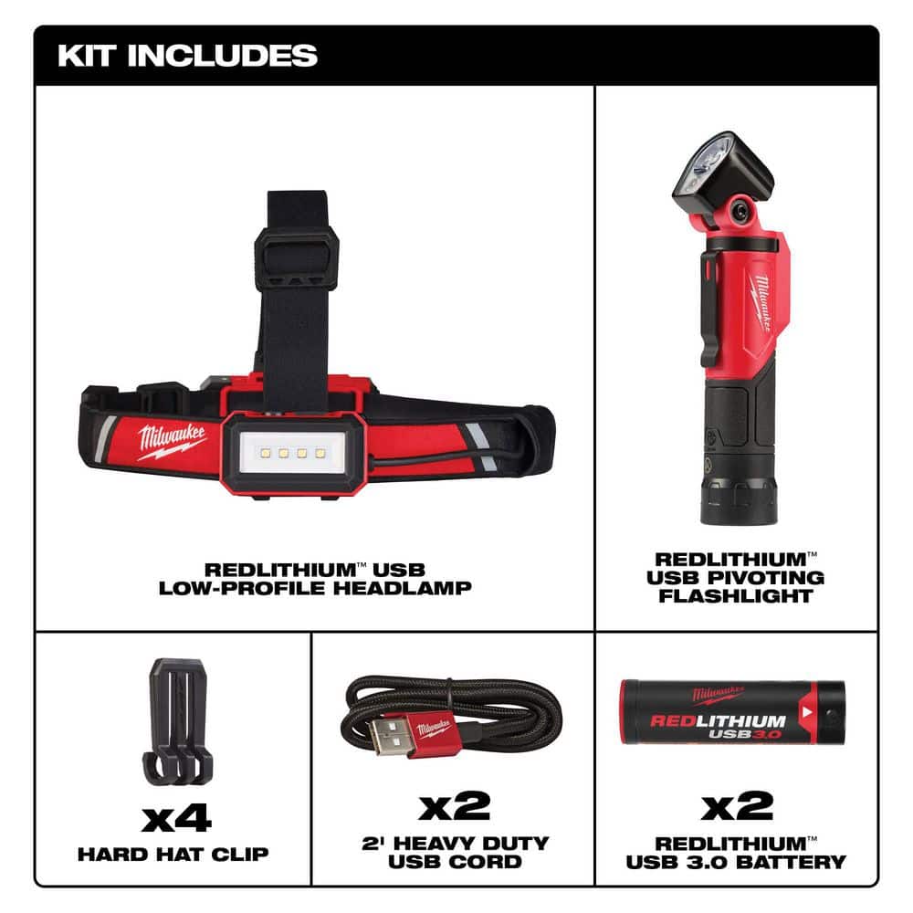 500 Lumens LED Pivoting REDLITHIUM USB Flashlight with 600 Lumens LED USB Low-Profile Hard Hat Headlamp (2-Pack) - Hercitys