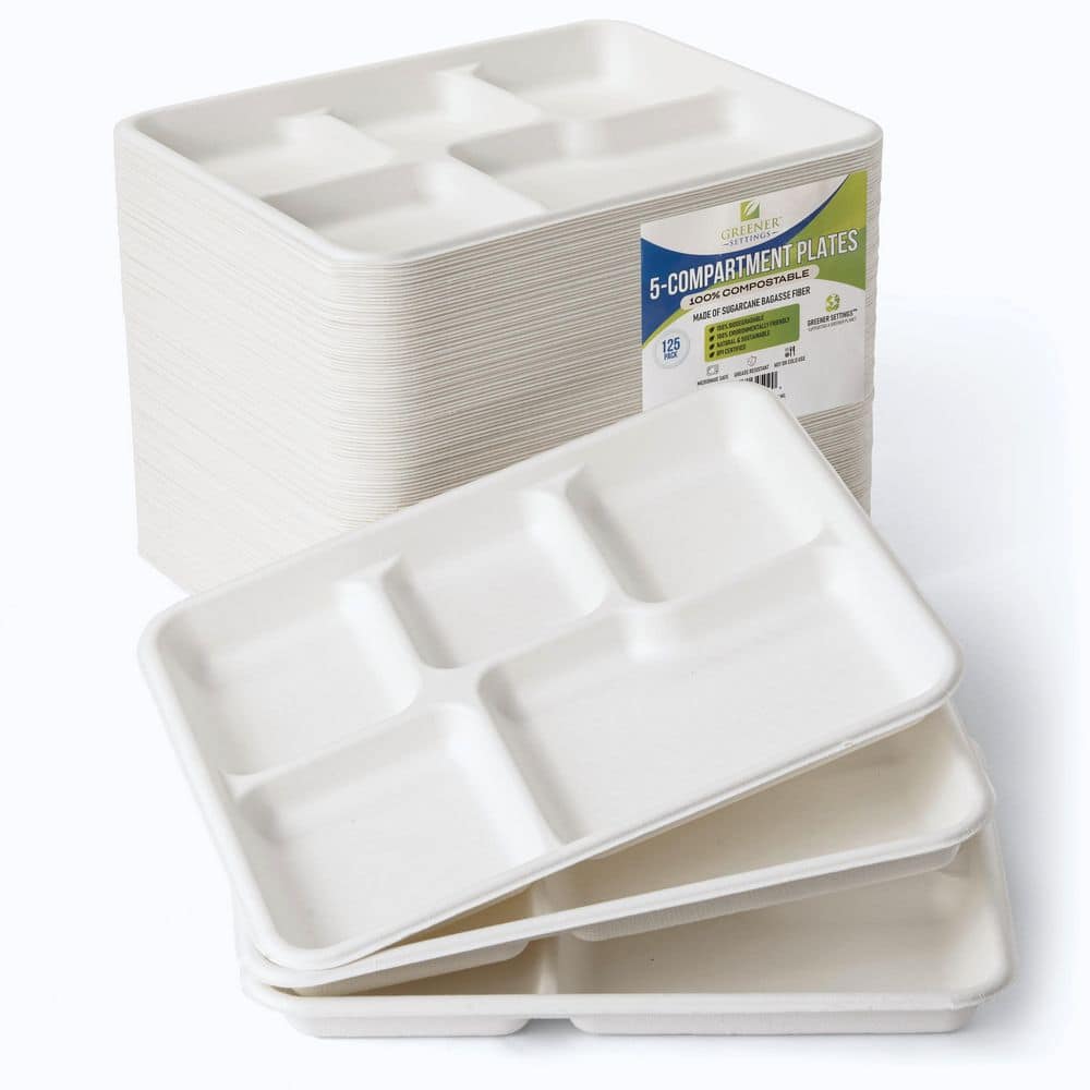 10.5 in. Unbleached Compostable Disposable Paper 5-Section Plate [125-Pack] - Hercitys