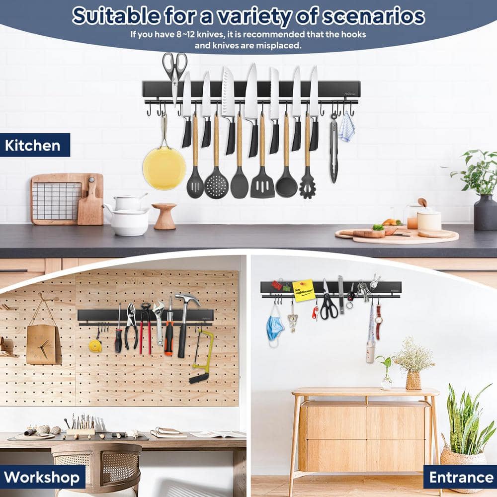 12-Knife 23 in. Stainless Steel Magnetic Knife Holder with 15 Hooks, Black Knife Magnetic Strip, Magnetic Knife Bar - Hercitys