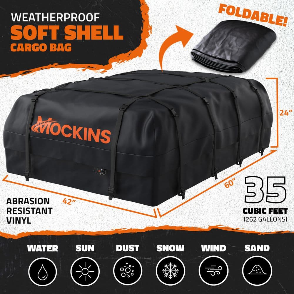 35 Cu Ft. Black Waterproof Roof Top Cargo Bag (60 in. x 42 in. x 24 in.) with PVC Mat, Straps Hooks, Lock and Carry Case - Hercitys