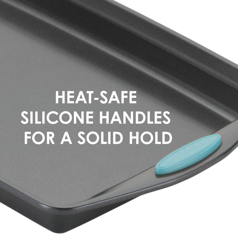 3-Piece Gray Nonstick Bakeware Cookie Pan Set with Agave Blue Silicone Grips - Hercitys