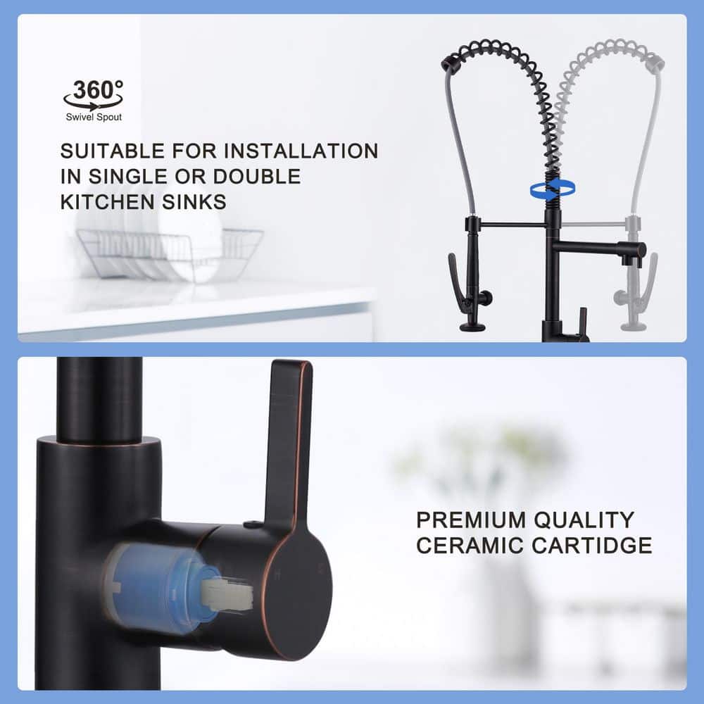 28.7 in. Single Handle Brass Pre-Rinse Spring Pull Down Sprayer Kitchen Faucet with 360° Swivel Pot Filler in Bronze - Hercitys