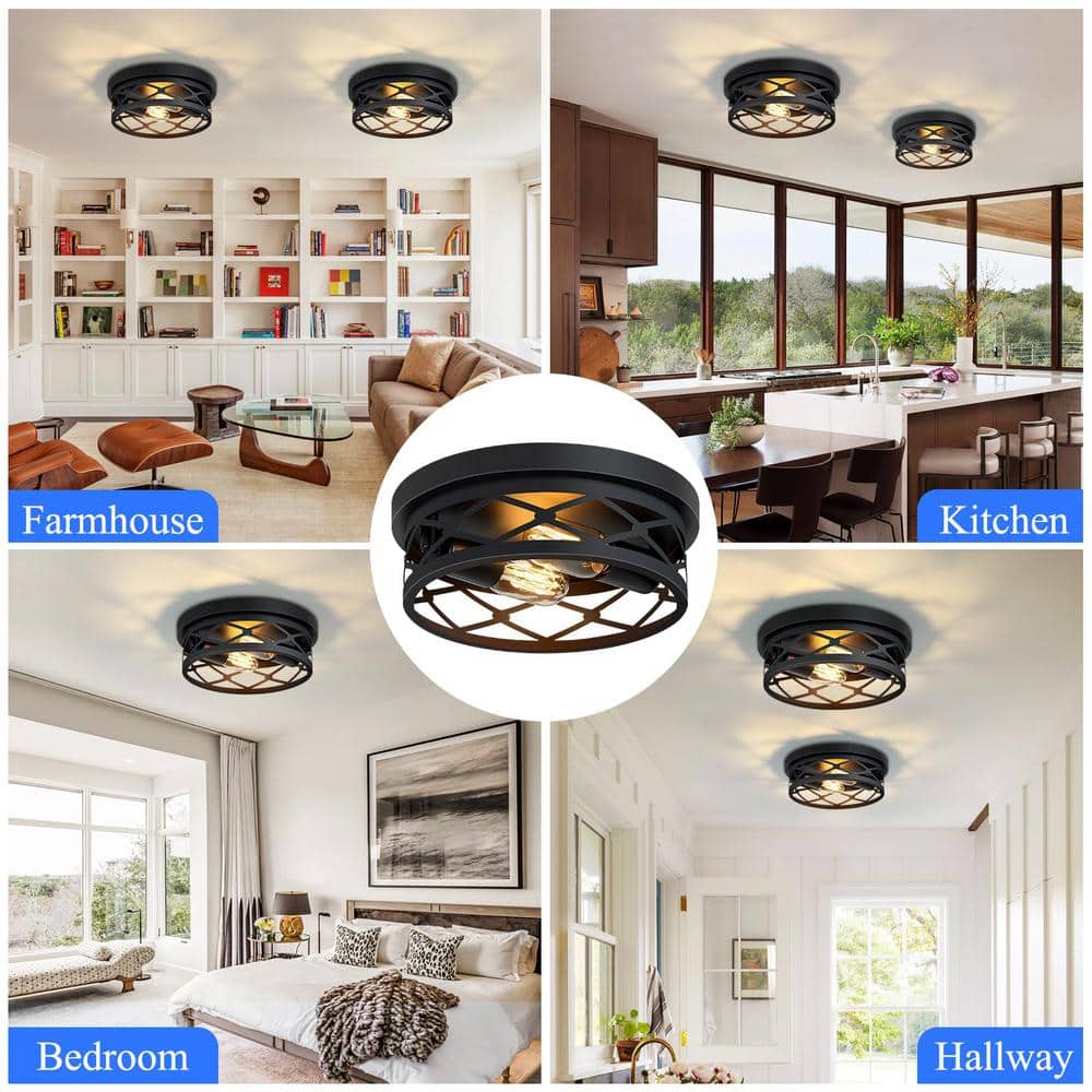 10.7 in. 2-Light Farmhouse Black Flush Mount Ceiling Light with No Bulbs Included (2-Pack) - Hercitys