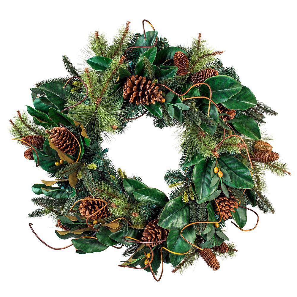 30 in. Artificial Pre-Lit LED Magnolia Leaf Wreath - Hercitys