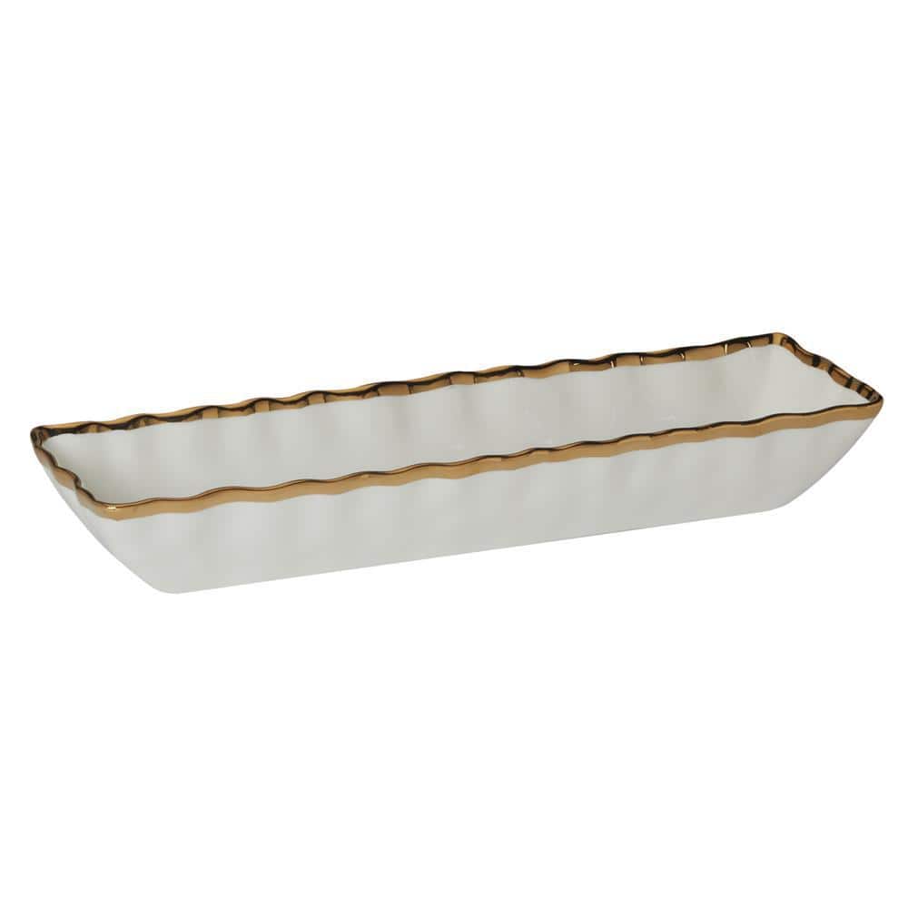 13 in. W x 3.5 in. H x 2.25 in. D White Porcelain Regency Gold Serving Tray - Hercitys