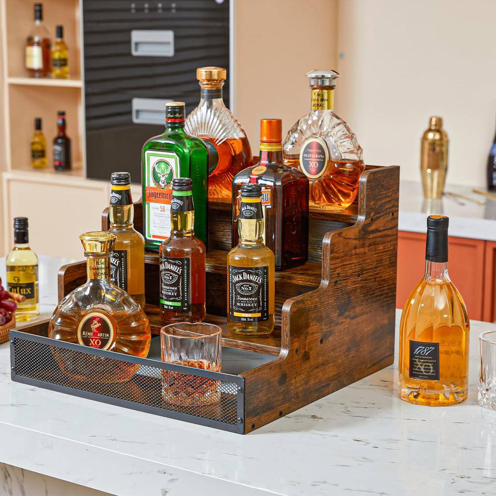 4 Step Countertop Liquor Bottle Display Shelf, Wood Bar Shelves with Fence for 16 Bottles, Freestanding Storage Shelves - Hercitys
