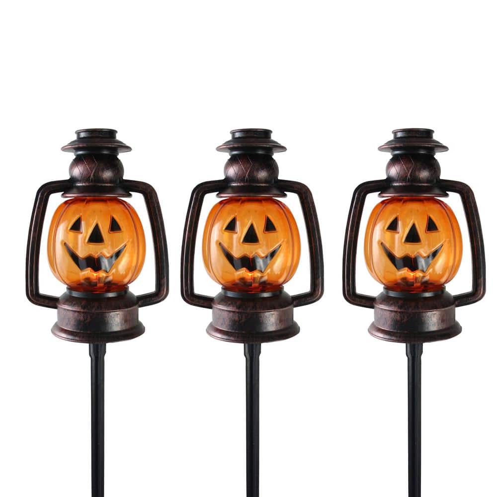 16.5 in. Flickering Pumpkin Halloween Pathway Lantern Markers (Set of 3) - Hercitys