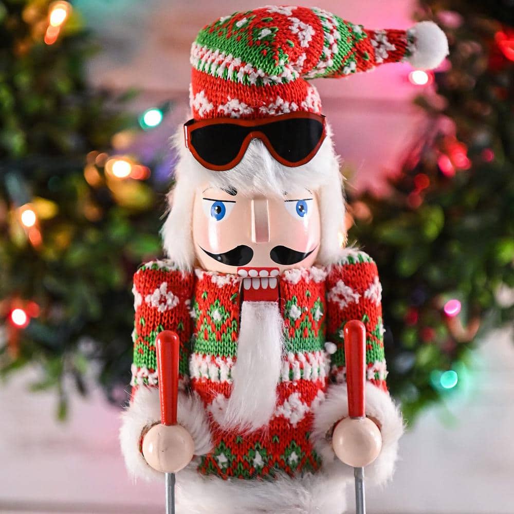 15 in. Wooden Christmas Skier Man Nutcracker -Red and Green Nutcracker Guy with Ugly Sweater and Skis in Skiing Pose - Hercitys