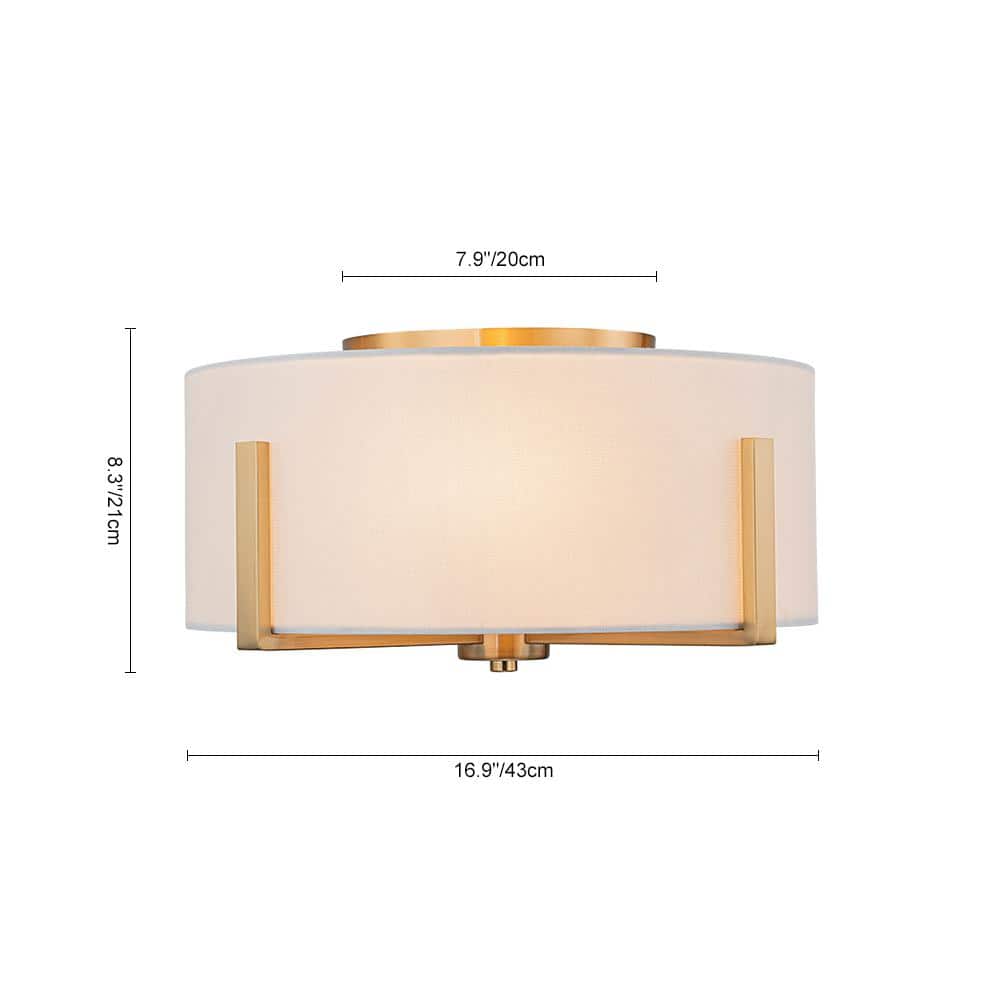 16.93 In. 2-Light Gold Plating Modern Flush Mount Ceiling Light Industrial Semi-Flush Mount With White Fabric Shade - Hercitys