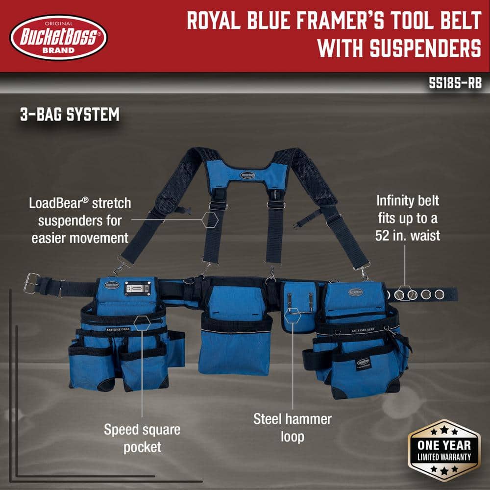 3-Bag Framer’s Suspension Rig Work Tool Belt with Suspenders in Royal Blue - Hercitys