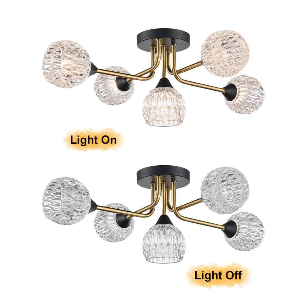 20.1 in. 5-Light Gold Modern Semi-Flush Mount with Crystal Shade and No Bulbs Included 1-Pack - Hercitys