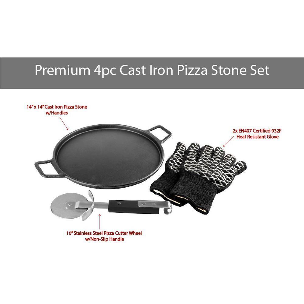 4-Piece Cast Iron Pizza Stone/Round Griddle/Skillet with Handles, Pizza Cutter, Heat Resistant Gloves - Hercitys