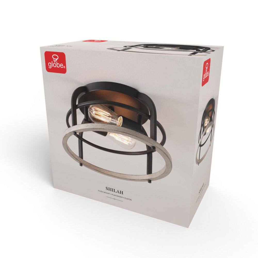 13 in. 2-Light Matte Black Flush Mount Ceiling Light with Faux Wood Accents - Hercitys