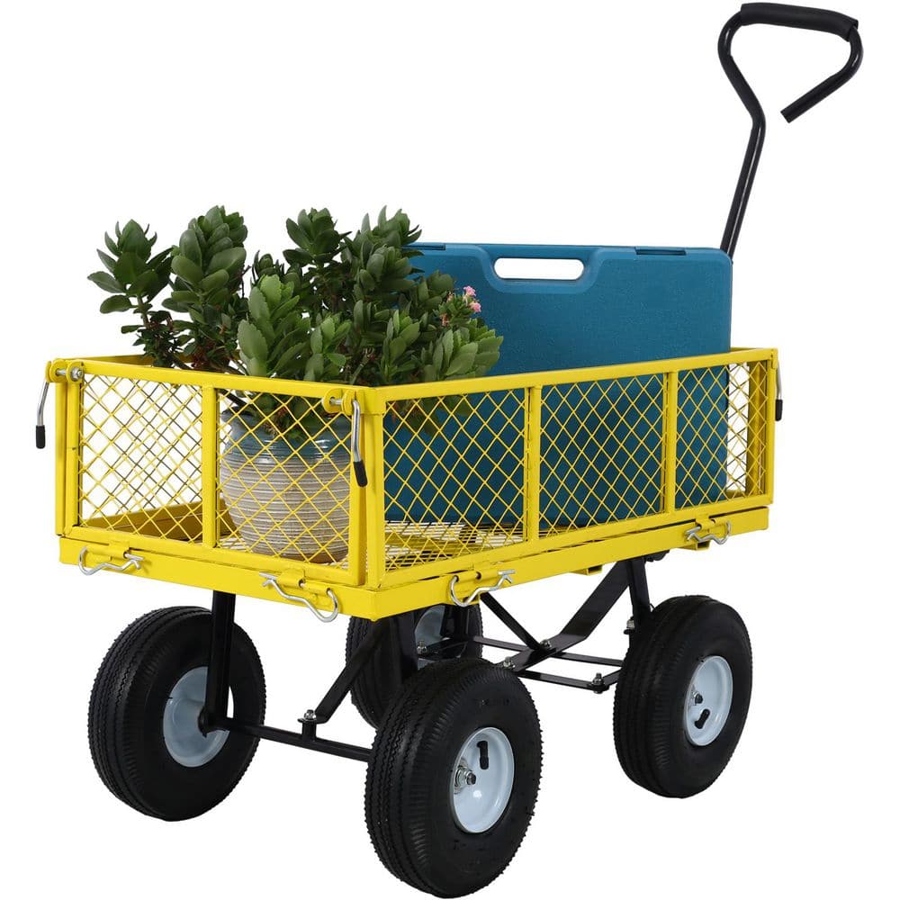 3 cu. ft. Steel Garden Cart Steel Mesh Removable Sides 550 lbs. Capacity Yellow - Hercitys