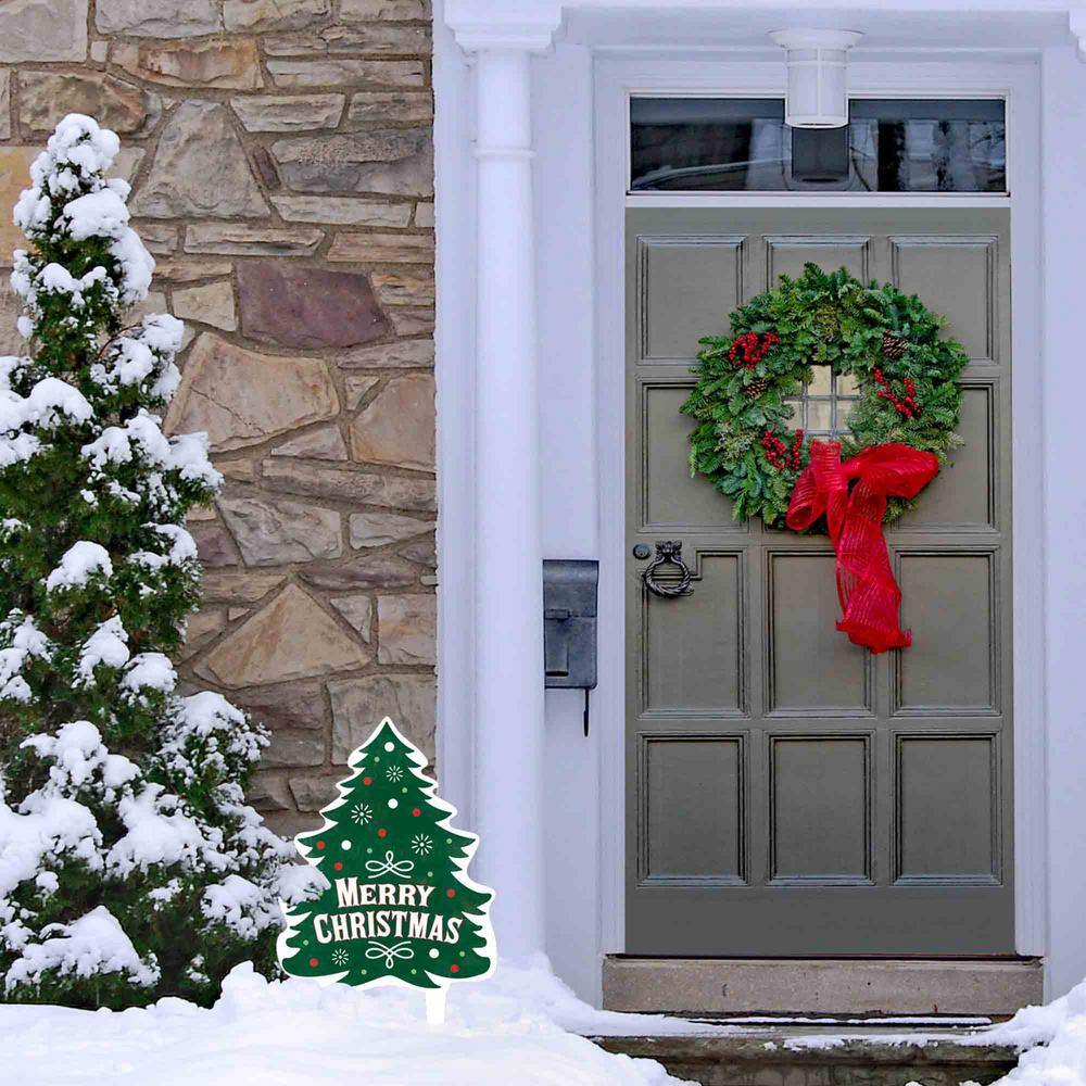 20 in. Green Weather-Resistant Metal Merry Christmas Tree Yard Stake - Hercitys