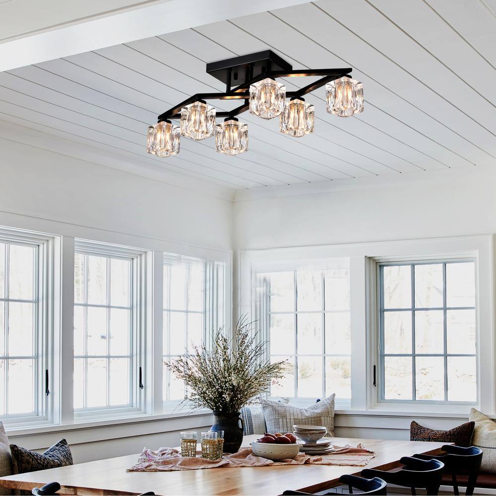 24.9 in. 6-Light Black Modern Farmhouse Flush Mount with Cube Shade - Hercitys