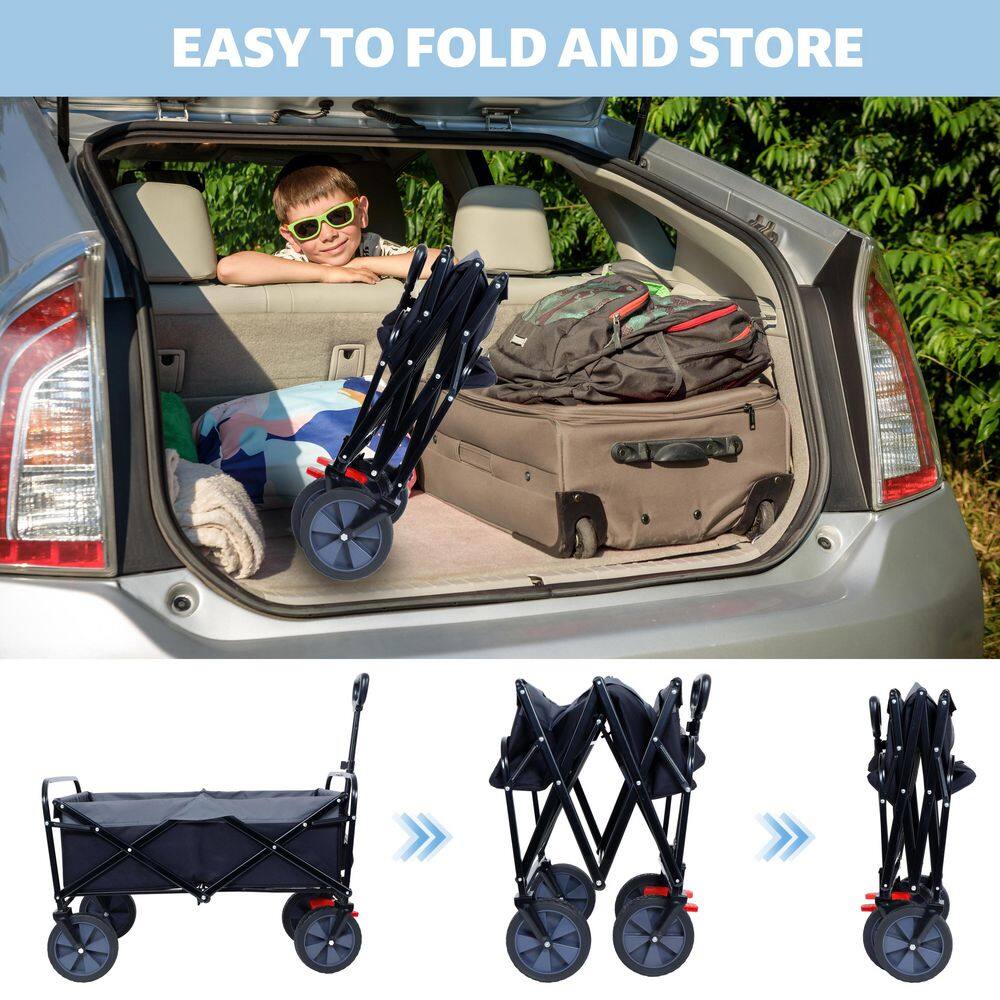 3.02 cu. ft. Foldable Steel Garden Cart with Silent Wheels, Brakes, Cup Holders, Safety Harnesses and Extendable Handle - Hercitys