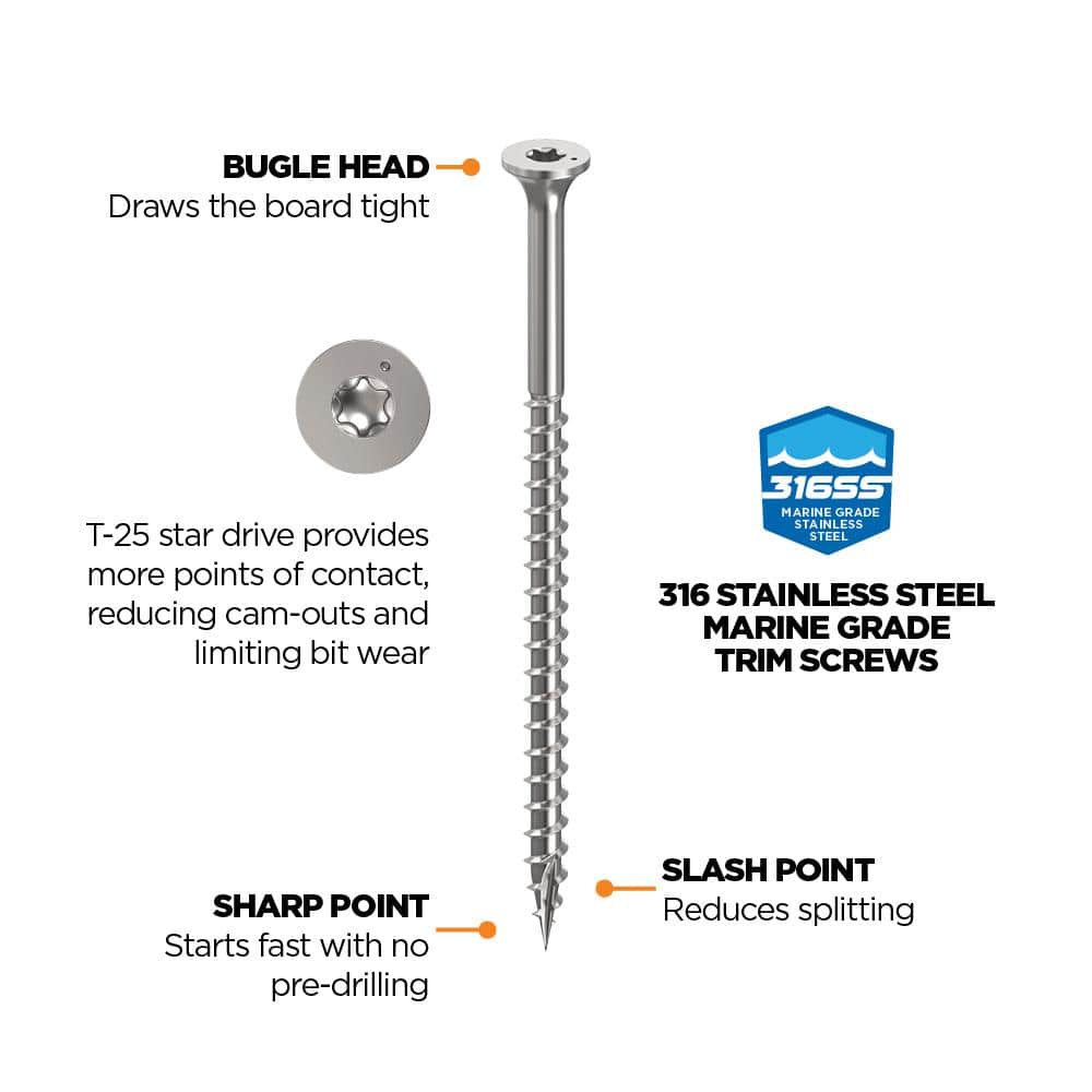 3-1/2 in. #10 316 Stainless Steel Premium Star Drive Bugle-Head Deck Screws (50-Count) - Hercitys