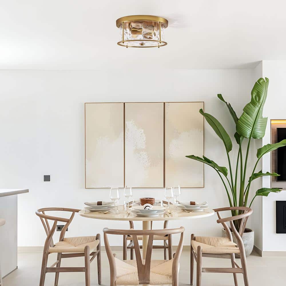 12.5 in. 2-Light Gold Flush Mount Water Ripple Glass Ceiling Light with Metal Frame - Hercitys