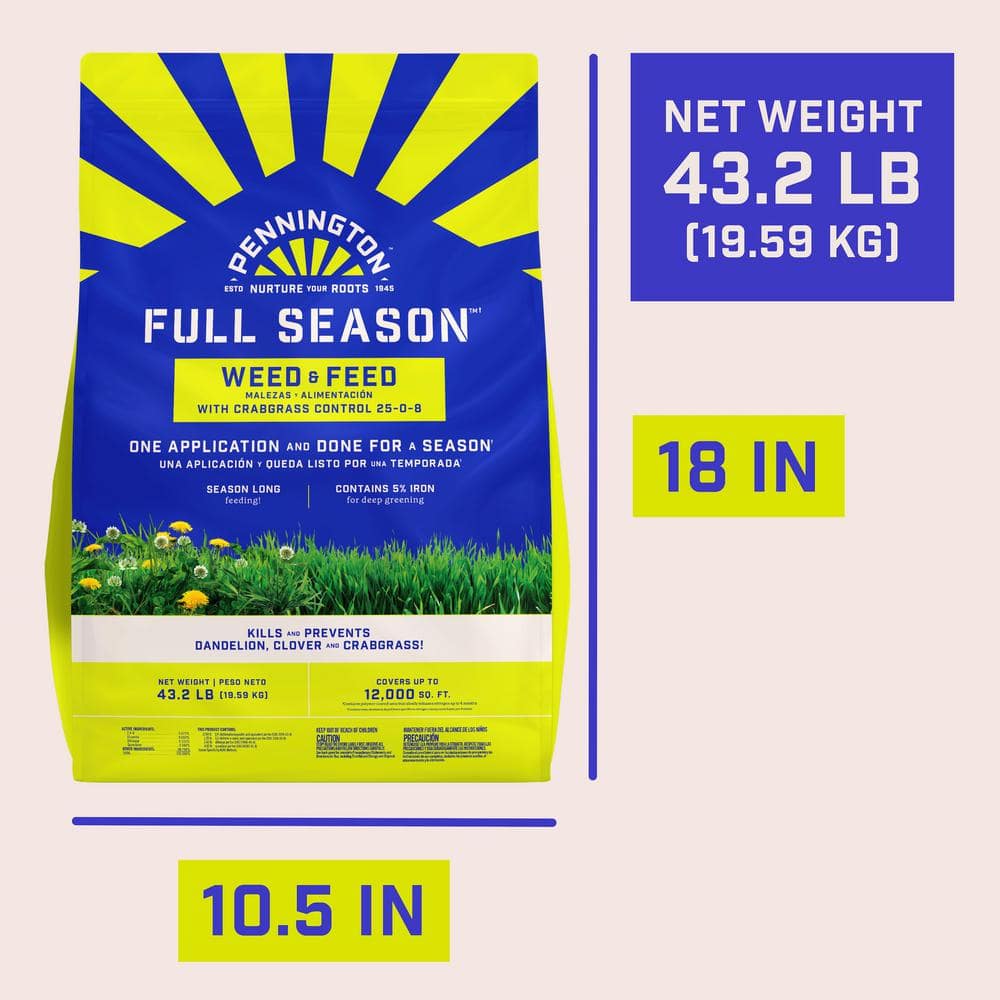 43.2 lbs. 12,000 sq. ft. Full Season Weed and Feed Lawn Fertilizer Granules Plus Crabgrass Control 25-0-8 - Hercitys