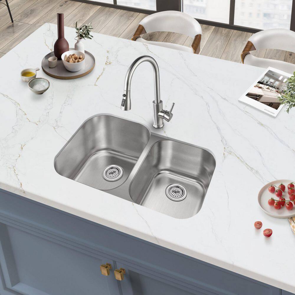 31.5 in. 60/40 Undermount Double Bowl 18 Gauge Stainless Steel Kitchen Sink - Hercitys