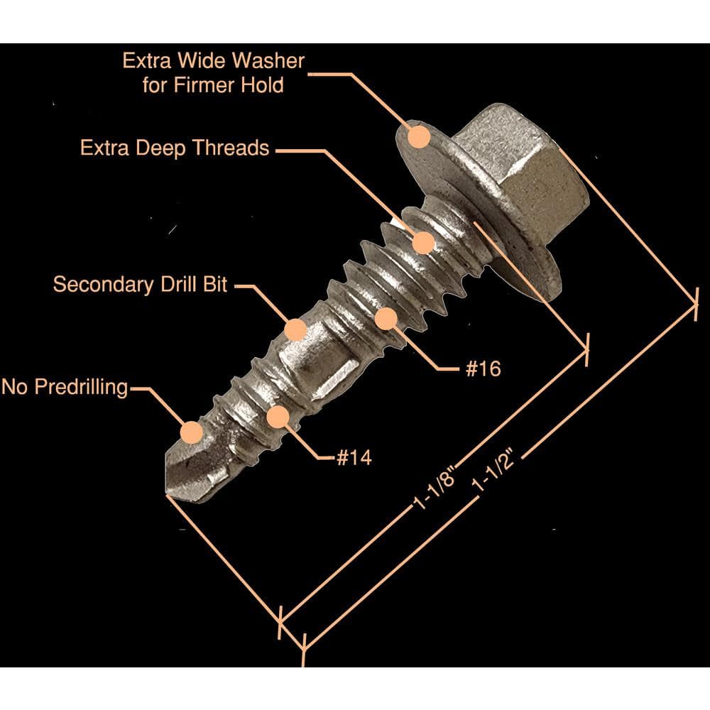 3/8 in. Hex Head #16 x 1 1/8 in. Self-Tapping Screw with #14 Tip with Secondary #16 Drill Bit and Thread (100-Pack) - Hercitys
