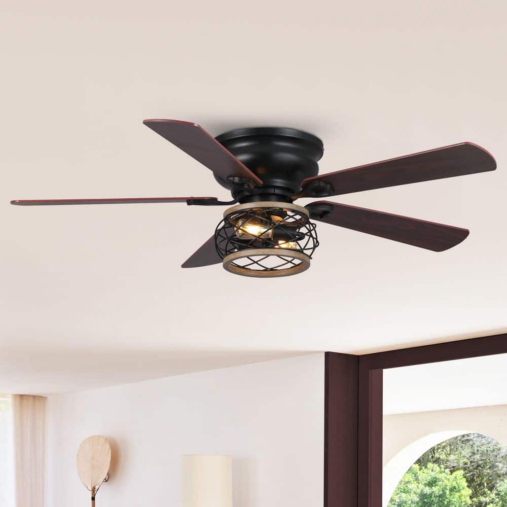 48 in. Indoor Matte Black Reversible Blades Flush Mount Ceiling Fan with Light Kit and Remote - Hercitys