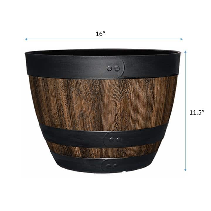 16 in. Reedley Large Kentucky Walnut Brown Resin Wine Barrel Planter (16 in. D x 11.5 in. H) - Hercitys