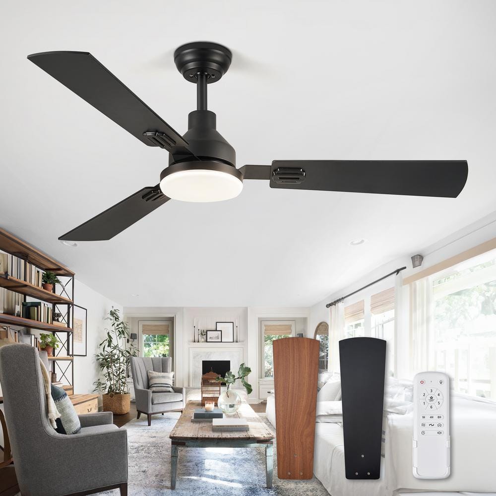 52 in. Indoor Matte Black 3-Colors LED 6-Speeds Ceiling Fan with Dual-Finish Blades and Light Kit and Remote control - Hercitys